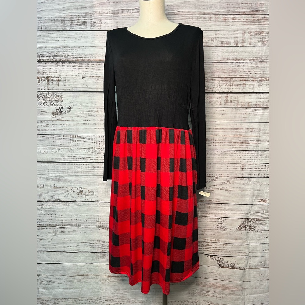 Cream N Sugar Black Red Plaid Dress Long Sleeve Midi Dress